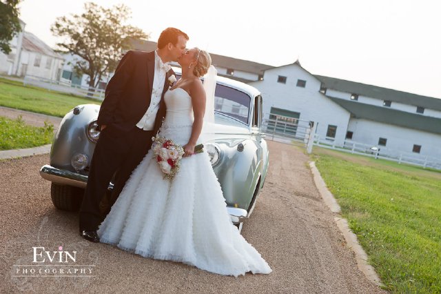 nashville wedding, brentwood, farm, bride, groom, kiss, old car, sunset